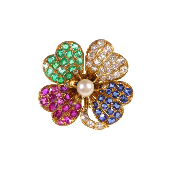 Ruby, emerald, diamond and pearl four leaf clover brooch | MasterArt
